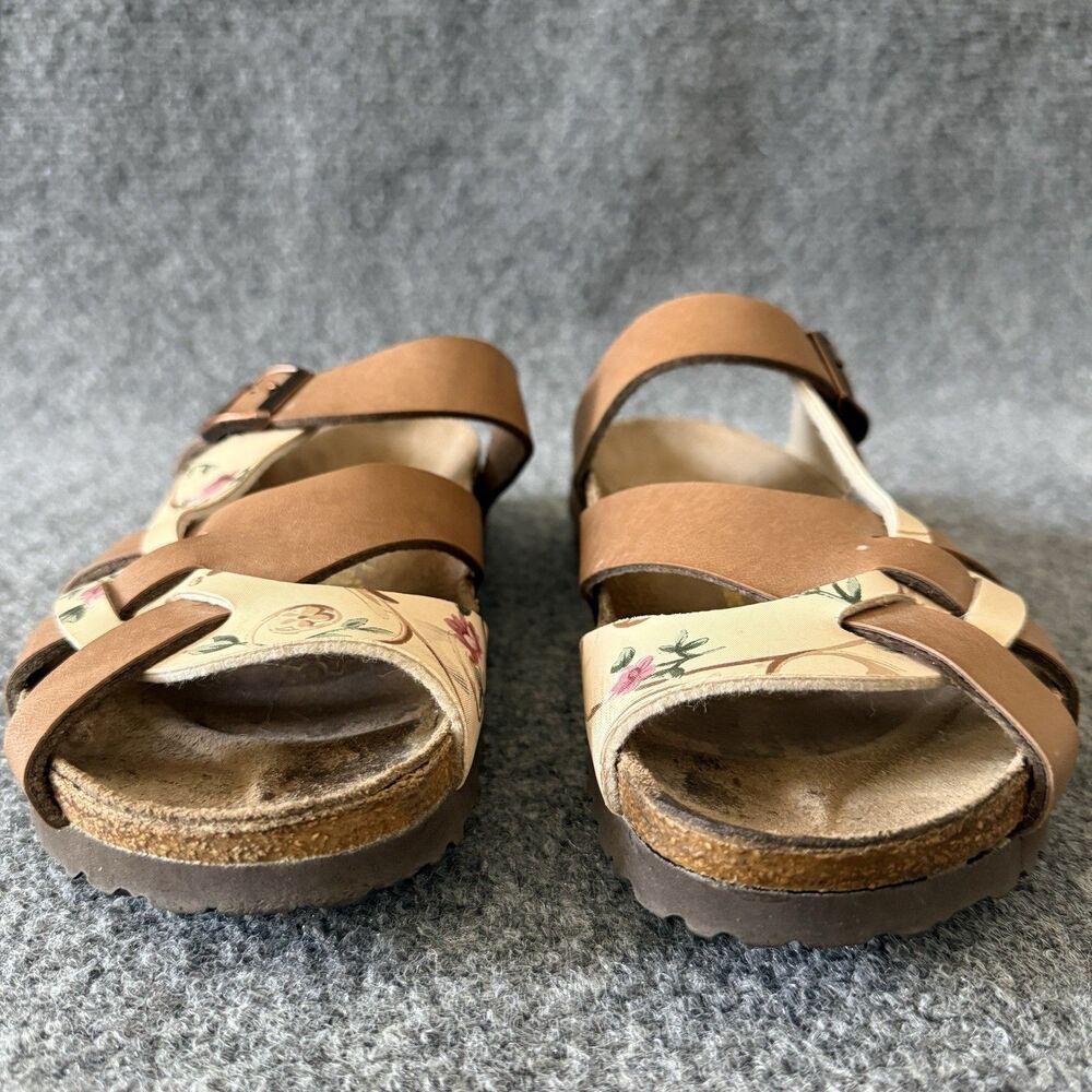 Papillio by Birkenstock Pisa Floral Sandals Brown Tan Strappy Cork Slides 7 - Picture 2 of 9